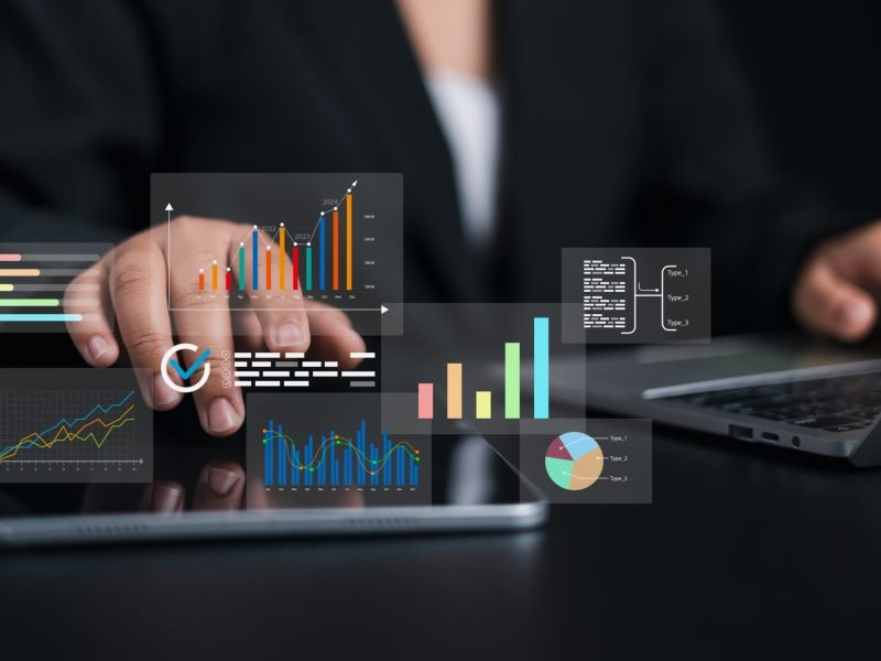 Business analytics with charts, KPIs to improve organizational performance, Business people use computers to analyze business and manage corporate data in office, Financial and marketing strategy.