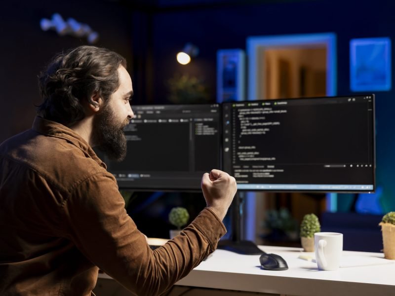 Happy man doing software quality assurance celebrating after reading source code and finding no errors. Cheerful developer excited after inspecting coding on desktop PC, seeing no issues